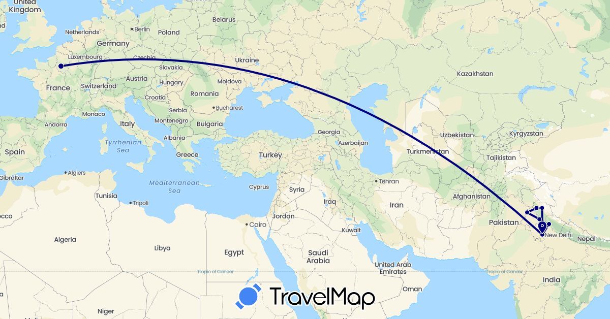 TravelMap itinerary: driving in France, India (Asia, Europe)